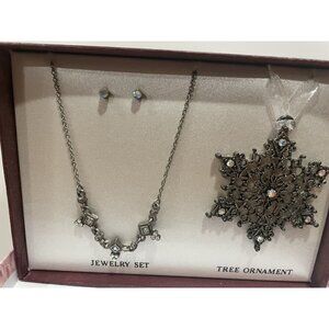 Rhinestone Jewelry Set Nec & Earrings Silver Tone +  Tree Ornament Boxed